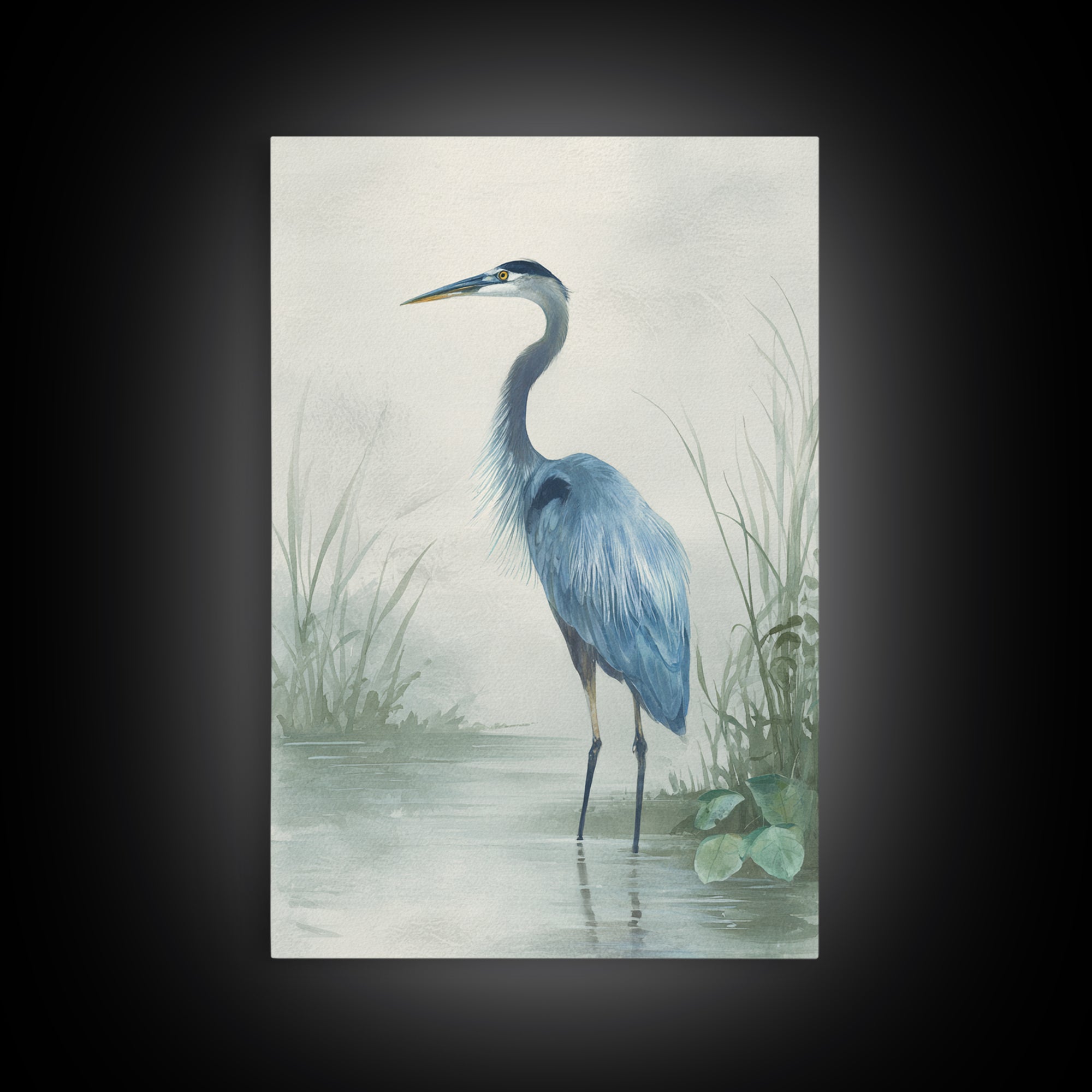 Blue Heron Standing Framed Canvas Print, Medical Office Art, Textured Painting, Office Decor, Fine Art, Calm, Minimalist Art, MOA-2x3-46