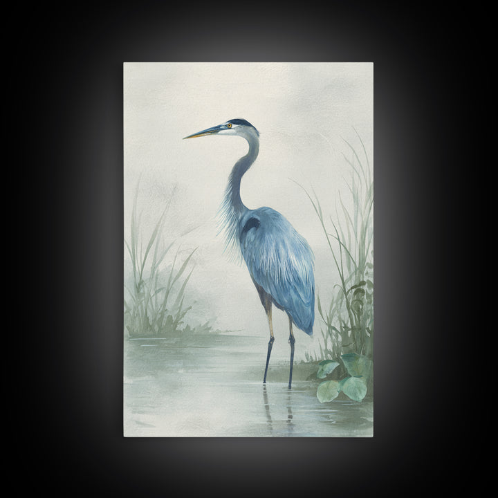 Blue Heron Standing Framed Canvas Print, Medical Office Art, Textured Painting, Office Decor, Fine Art, Calm, Minimalist Art, MOA-2x3-46