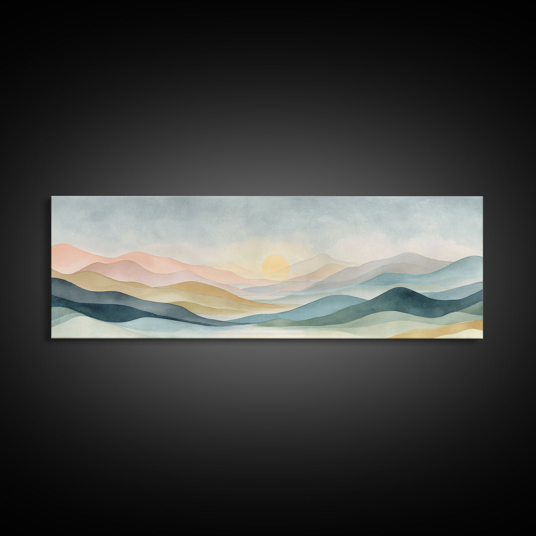 Minimal Sunrise over Rounded Hills Framed Canvas Print, Medical Office Art, Science Art, Office Decor, Fine Art, Calm, MOA-3x1-15