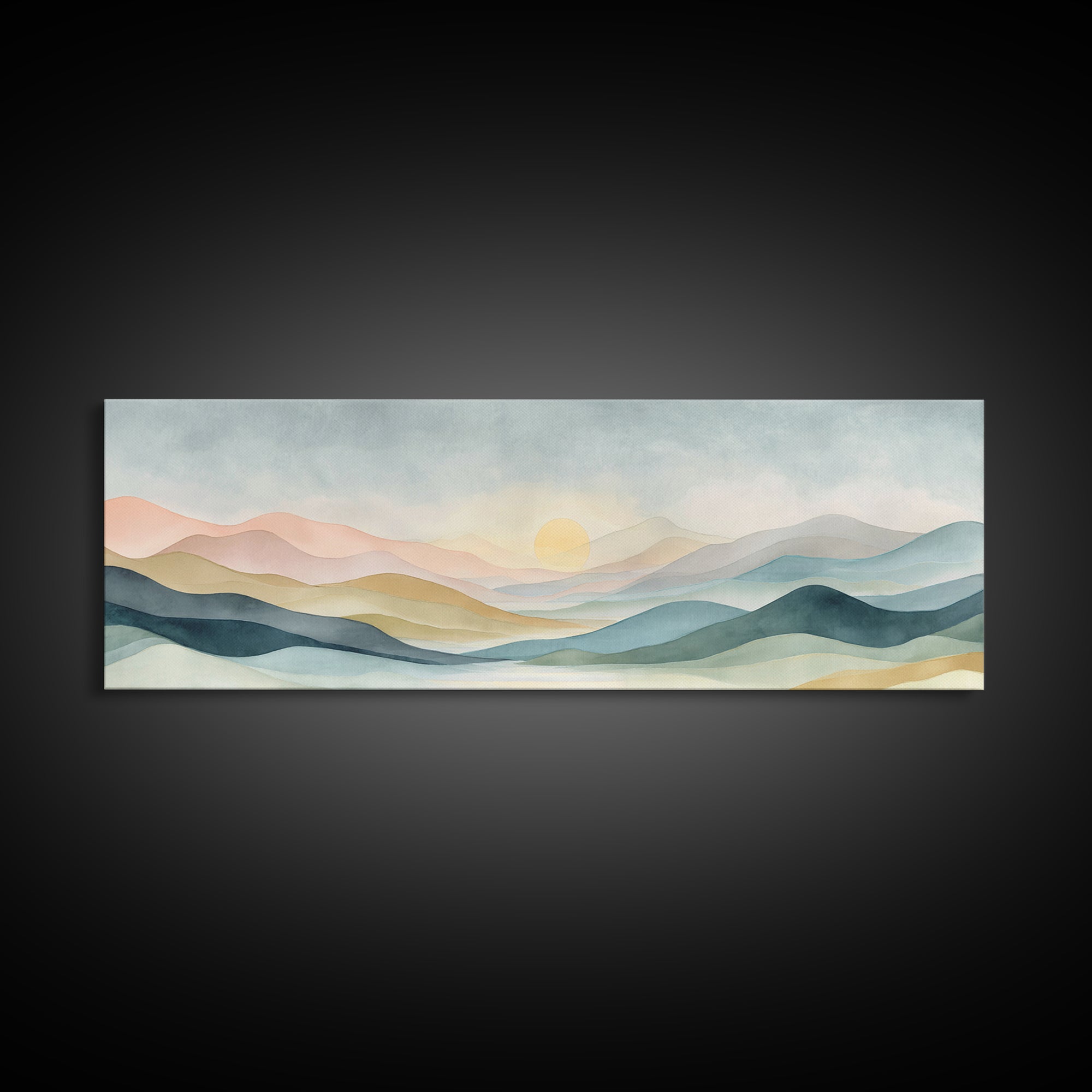 Minimal Sunrise over Rounded Hills Framed Canvas Print, Medical Office Art, Science Art, Office Decor, Fine Art, Calm, MOA-3x1-15