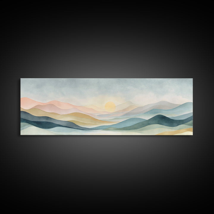 Minimal Sunrise over Rounded Hills Framed Canvas Print, Medical Office Art, Science Art, Office Decor, Fine Art, Calm, MOA-3x1-15