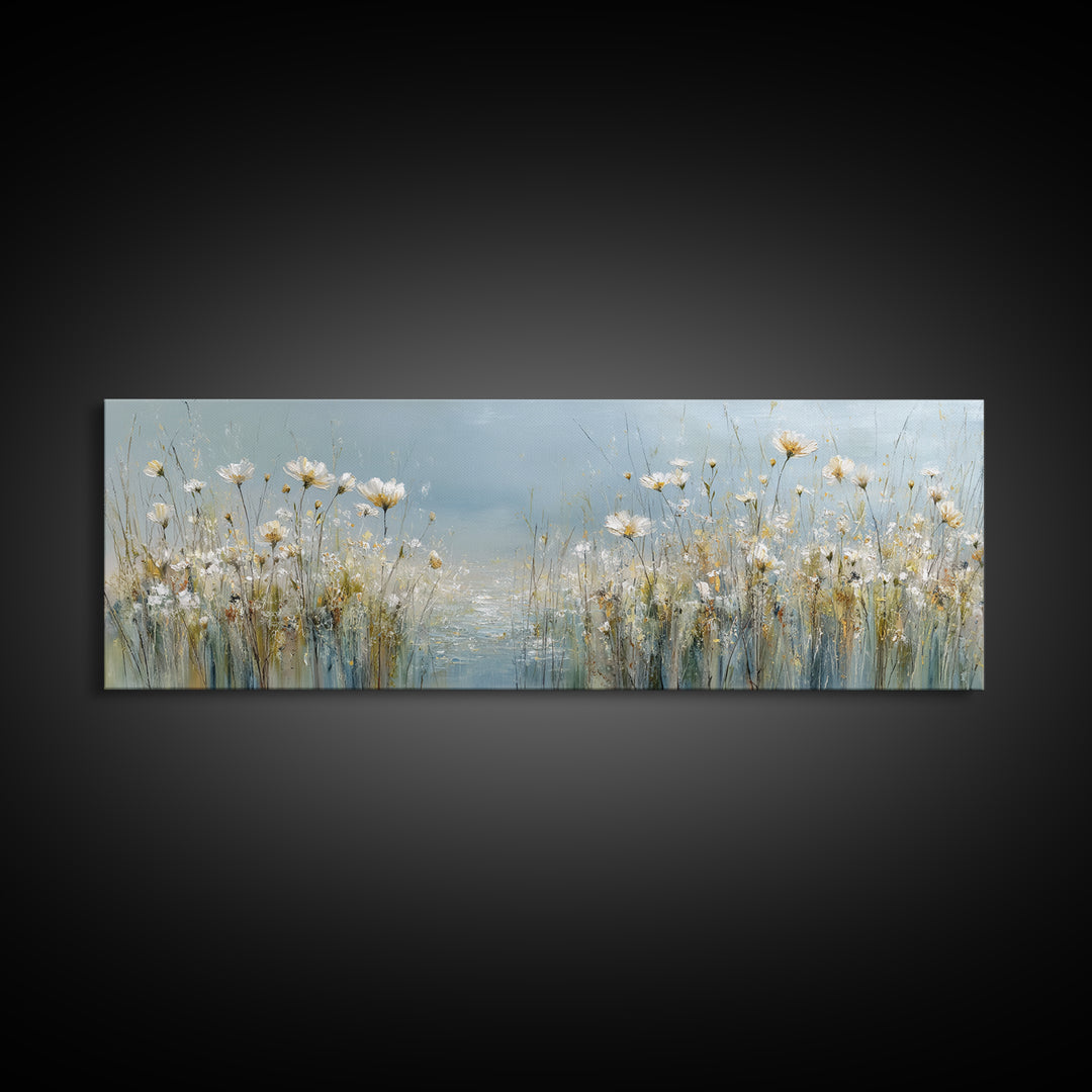 Sunlit Meadow with Wildflowers and Calm Mood Framed Canvas Print, Medical Office Art, Science Art, Office Decor, Watercolor Art, MOA-3x1-28