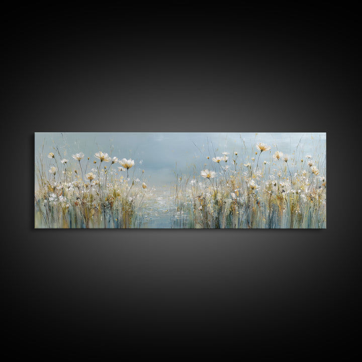 Sunlit Meadow with Wildflowers and Calm Mood Framed Canvas Print, Medical Office Art, Science Art, Office Decor, Watercolor Art, MOA-3x1-28