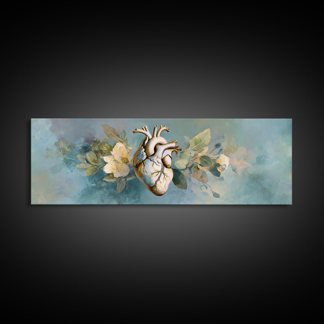 Anatomical Heart Rendered as Tasteful Botanical Art Canvas Print, Medical Office Art, Medical Office Decor, Office Decor, Calm, MOA-3x1-29