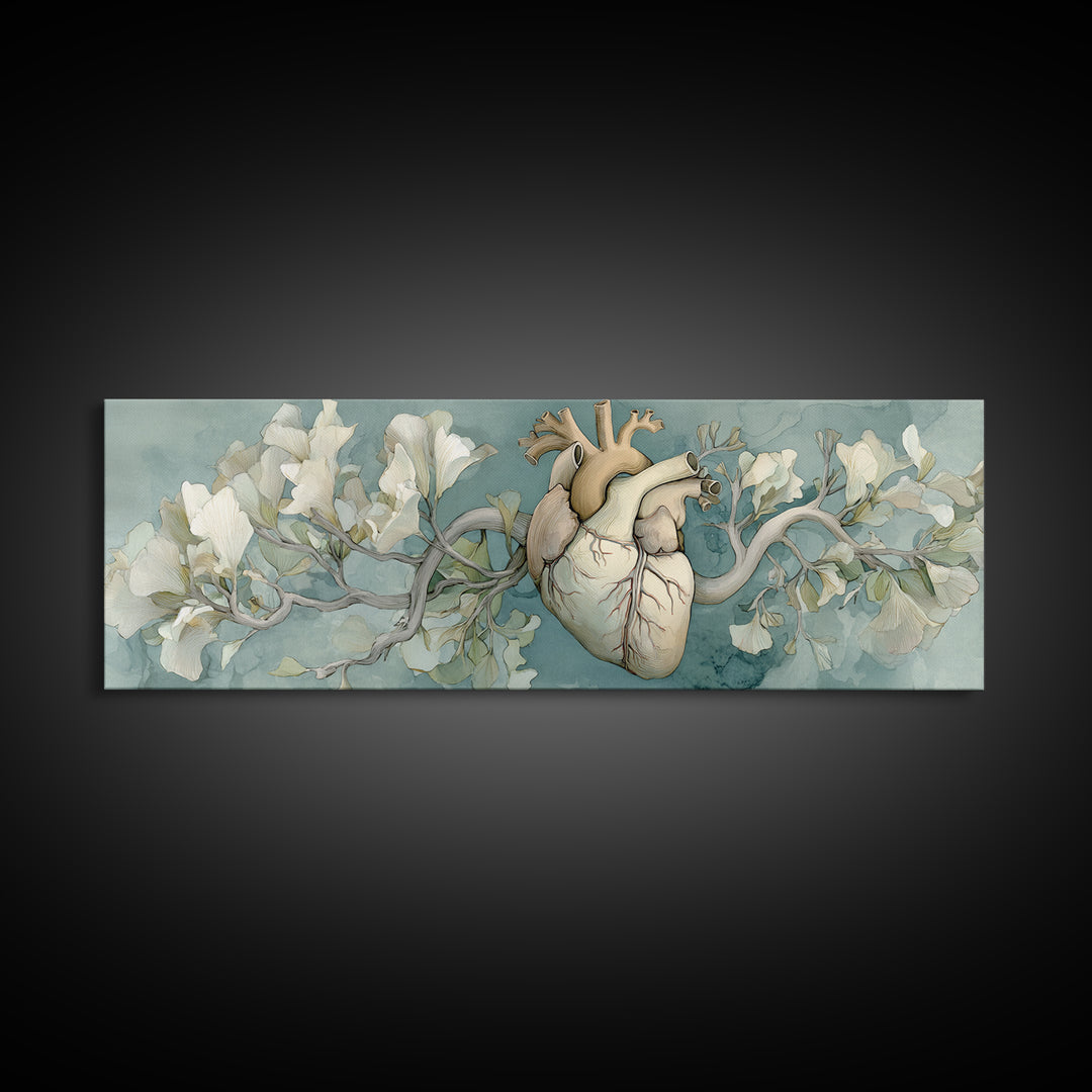 Anatomical Heart Rendered as Tasteful Botanical Art Canvas Print, Medical Office Art, Minimalist Art, Office Decor, Calm, MOA-3x1-5