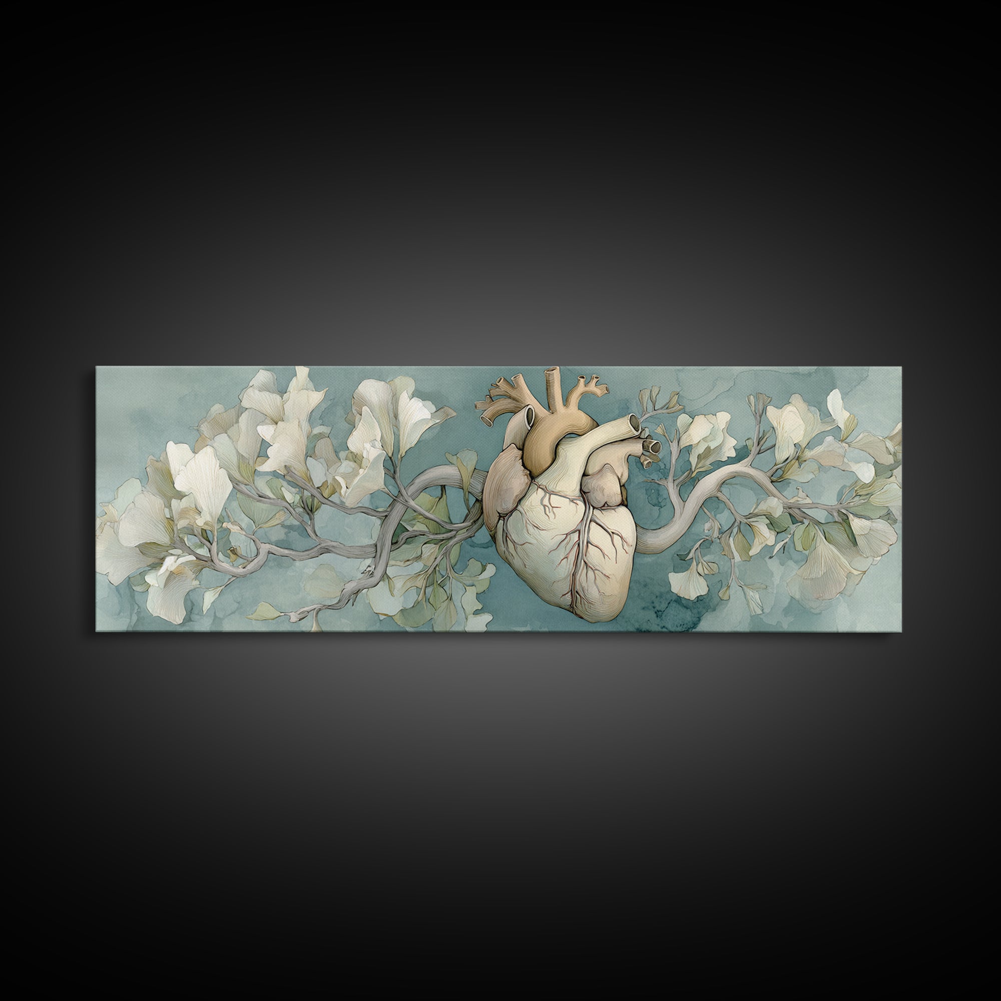Anatomical Heart Rendered as Tasteful Botanical Art Canvas Print, Medical Office Art, Minimalist Art, Office Decor, Calm, MOA-3x1-5