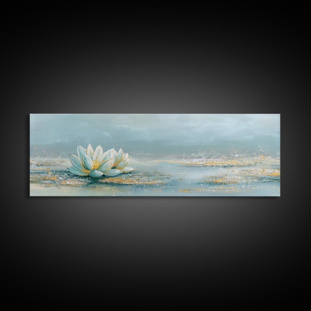 Lotus Flower Floating on Still Water Framed Canvas Print, Medical Office Art, Office Decor, Oil Painting, Calm, MOA-3x1-51