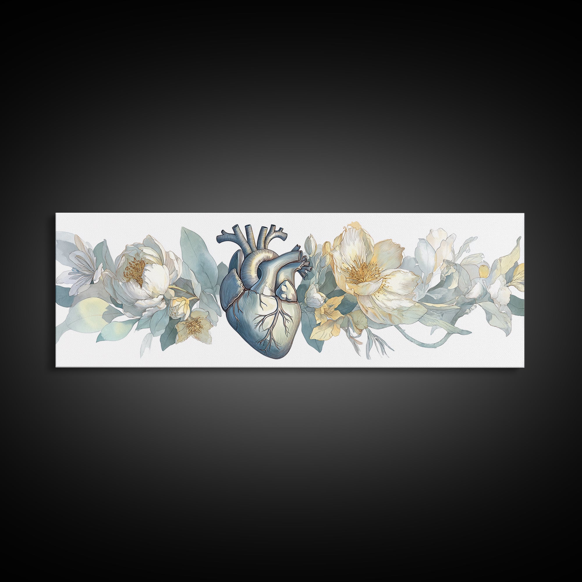 Anatomical Heart Rendered as Tasteful Botanical Art Canvas Print, Medical Office Art, Anatomy Poster, Office Decor, Calm, MOA-3x1-53