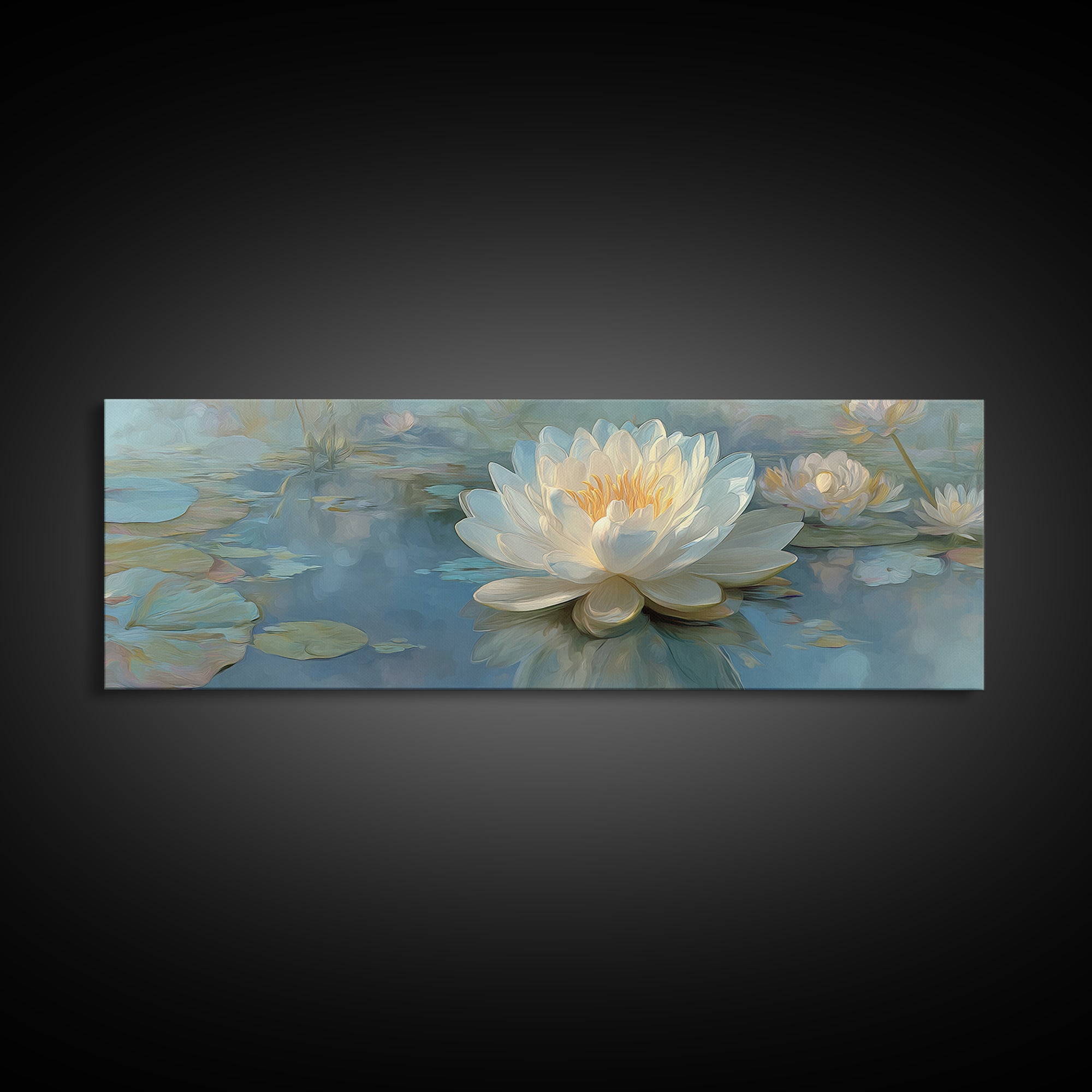 Lotus Flower Floating on Still Water Canvas Print, Medical Office Art, Teal Wall Art, Office Decor, Watercolor Art, Calm, MOA-3x1-75