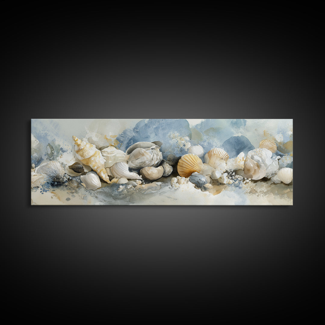 Coastal Shells and Water Study Framed Canvas Print, Medical Office Art, Digital Art, Office Decor, Calm, Medical Decor, MOA-3x1-84