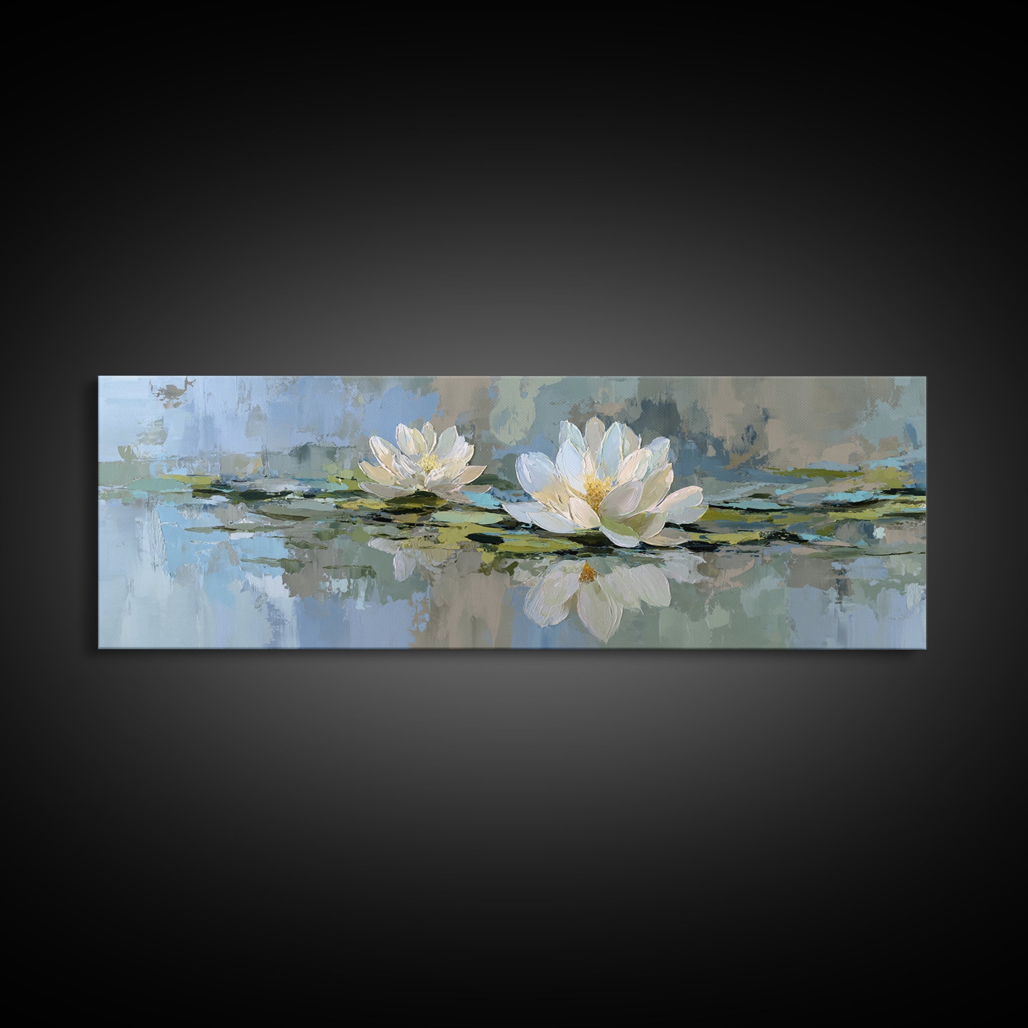 Lotus Flower Floating on Still Water Framed Canvas Print, Medical Office Art, Office Decor, Oil Painting, Calm, MOA-3x1-99