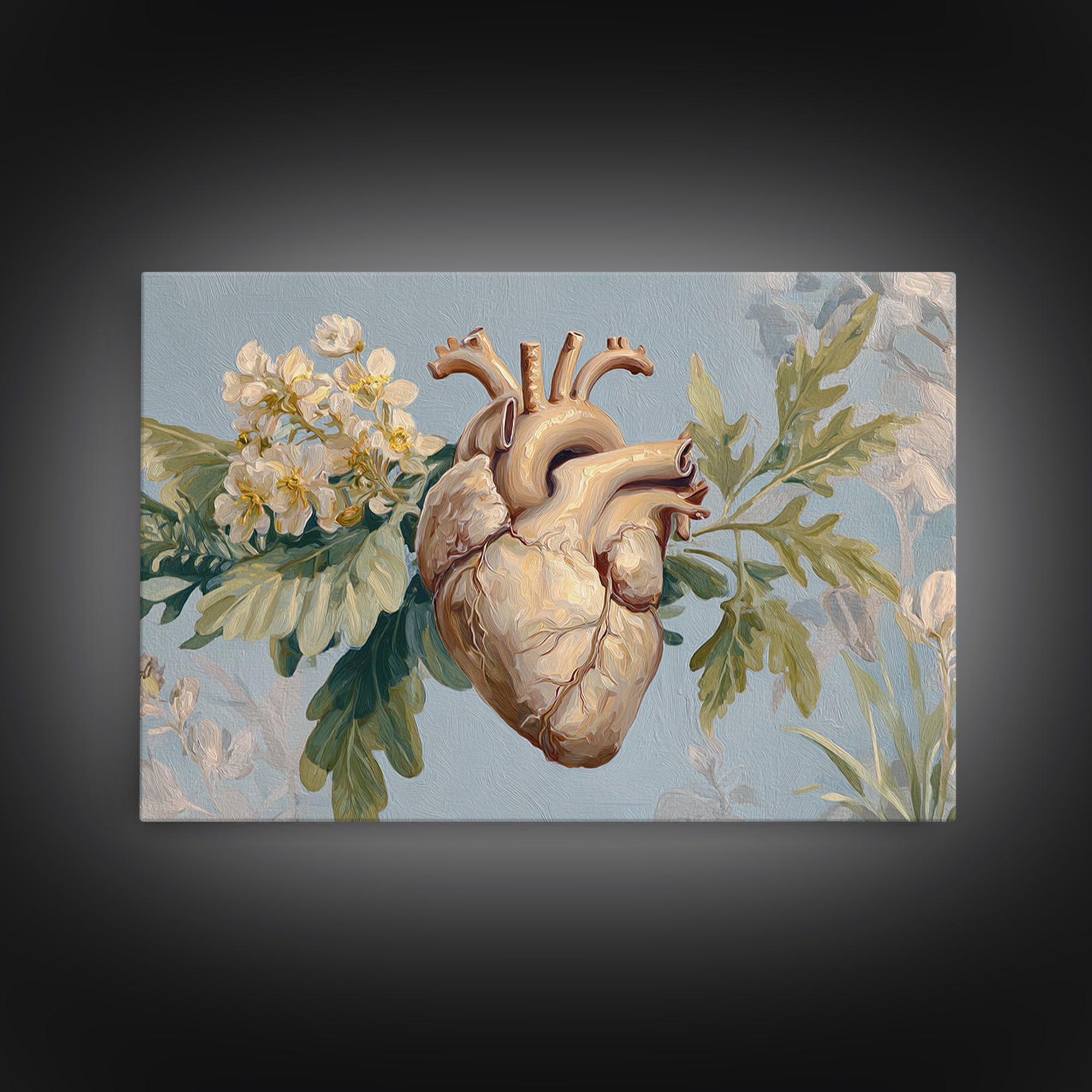 Anatomical Heart Rendered as Tasteful Botanical Art Framed Canvas Print, Medical Office Art, Anatomy Art, Office Decor, Calm, MOA-3x2-41