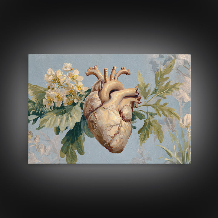 Anatomical Heart Rendered as Tasteful Botanical Art Framed Canvas Print, Medical Office Art, Anatomy Art, Office Decor, Calm, MOA-3x2-41
