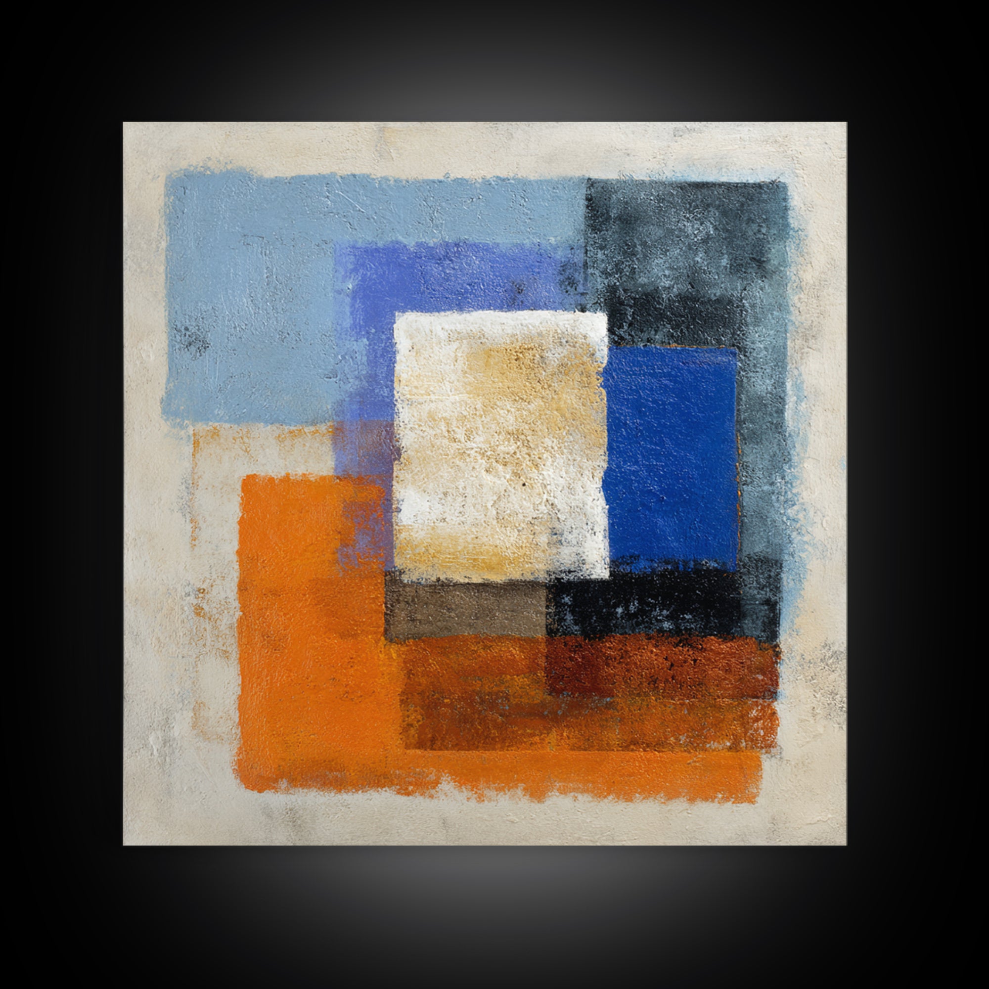 Expressive Brushwork in Cobalt and Rust Framed Canvas Print, Modern Art, Gallery Decor, Living Room Decor, Fine Art, Modern, MOD-1x1-78