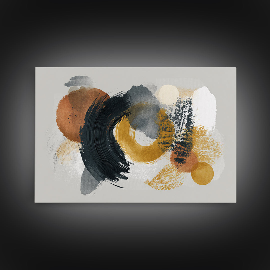 Dynamic Black Brush Marks on Neutral Ground Framed Canvas Print, Modern Art, Neutral Decor, Living Room Decor, Fine Art, Modern, MOD-3x2-39