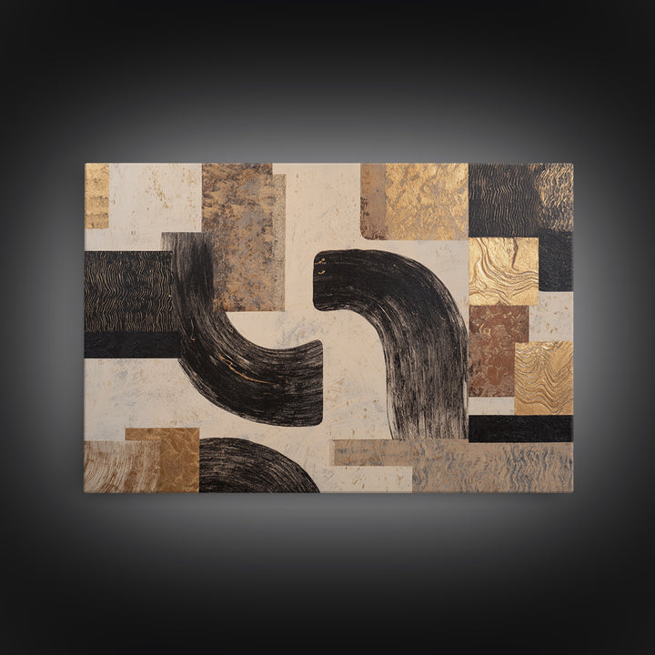 Dynamic Black Brush Marks on Neutral Ground Framed Canvas Print, Modern Art, Art Deco, Living Room Decor, Fine Art, Modern, MOD-3x2-63