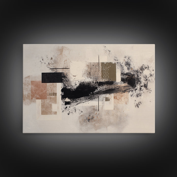 Dynamic Black Brush Marks on Neutral Ground Framed Canvas Print, Modern Art, Fine Art Print, Living Room Decor, Modern, MOD-3x2-87