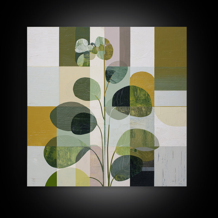 Green Botanical Study Framed Canvas Print, Monochrome Art, Digital Print, Living Room Decor, Oil Painting, Mono, Modern Art, MON-1x1-27