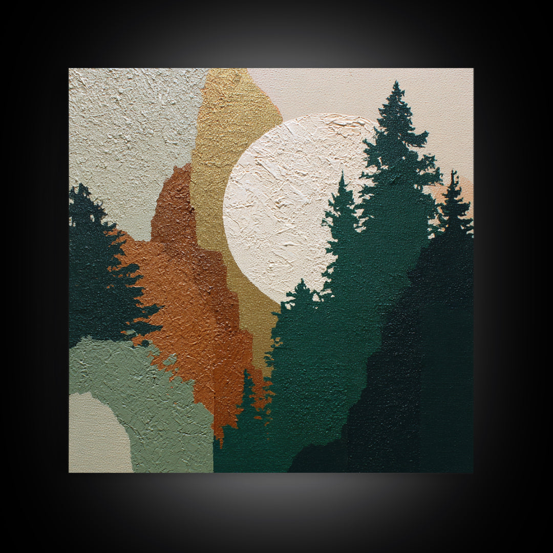 Deep Green Forest Silhouette Study Framed Canvas Print, Monochrome Art, Minimalist Wall Art, Living Room Decor, Fine Art, Mono, MON-1x1-37