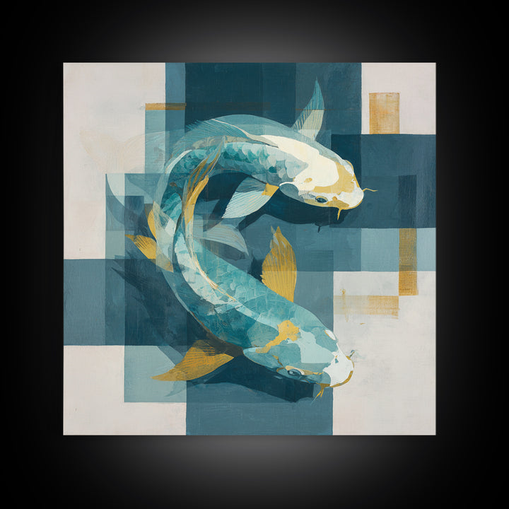 Teal Koi Fish on Tonal Water Framed Canvas Print, Monochrome Art, Gallery Decor, Living Room Decor, Fine Art, Mono, MON-1x1-41