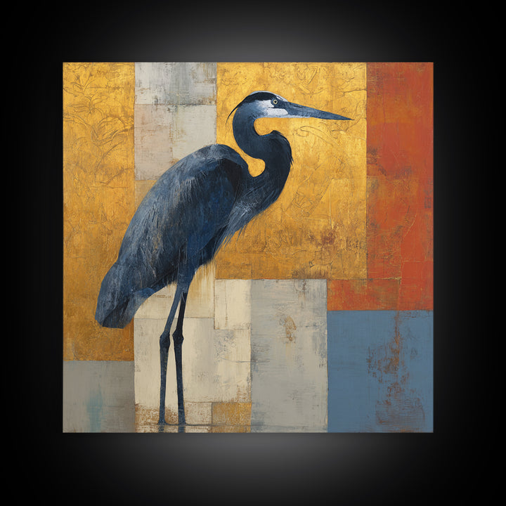 Blue Heron in Monochrome Navy Palette Framed Canvas Print, Monochrome Art, Digital Wall Art, Living Room Decor, Fine Art, Mono, MON-1x1-56