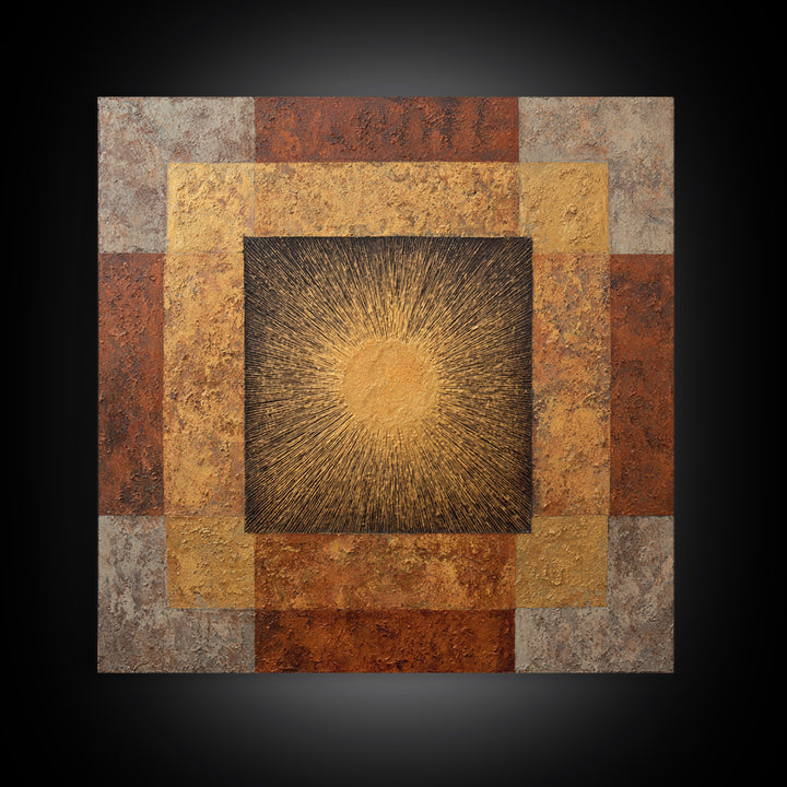 Gold Tonal Sunburst Medallion Framed Canvas Print, Monochrome Art, Wallpaper Mural, Living Room Decor, Fine Art, Mono, MON-1x1-62