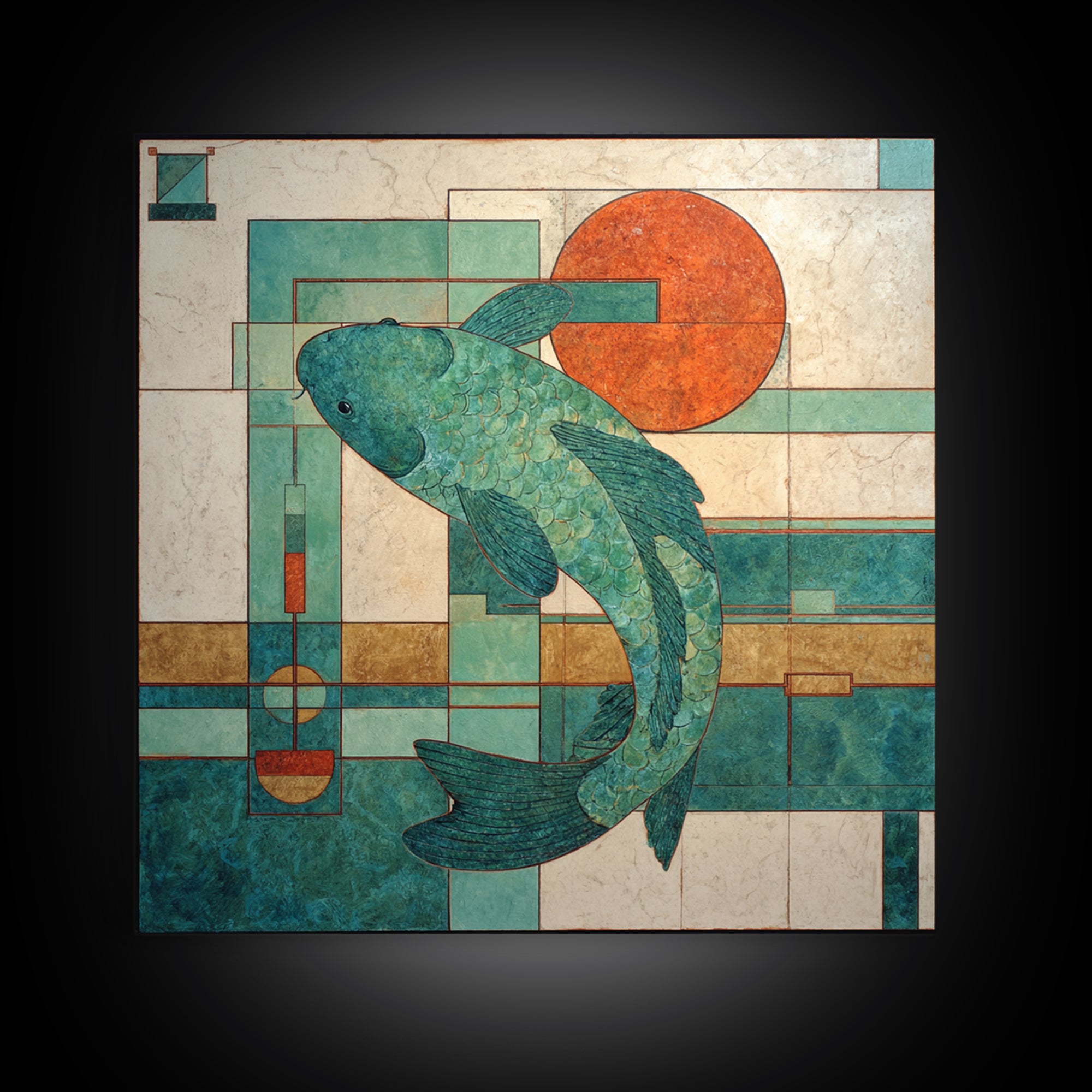 Teal Koi Fish on Tonal Water Framed Canvas Print, Monochrome Art, Gallery Decor, Living Room Decor, Fine Art, Mono, MON-1x1-65
