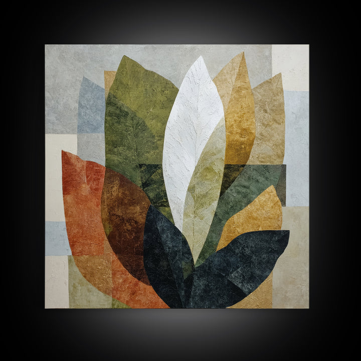 Olive Green Abstract Leaf Pattern Framed Canvas Print, Monochrome Art, Unique Wall Art, Living Room Decor, Oil Painting, Mono, MON-1x1-68