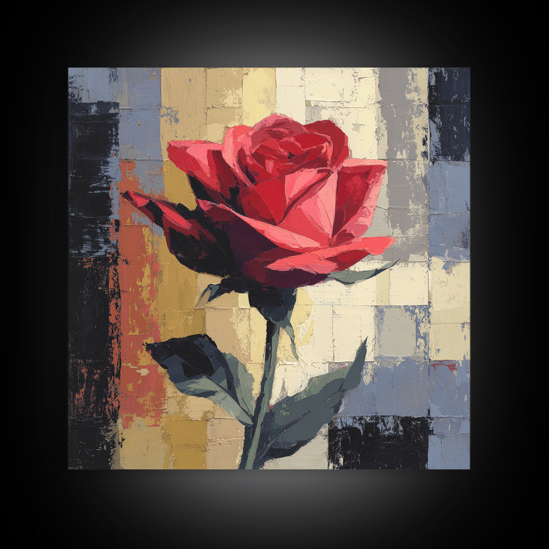 Single Red Rose Rendered Only Framed Canvas Print, Monochrome Art, Large Wall Art, Living Room Decor, Fine Art, Mono, MON-1x1-7