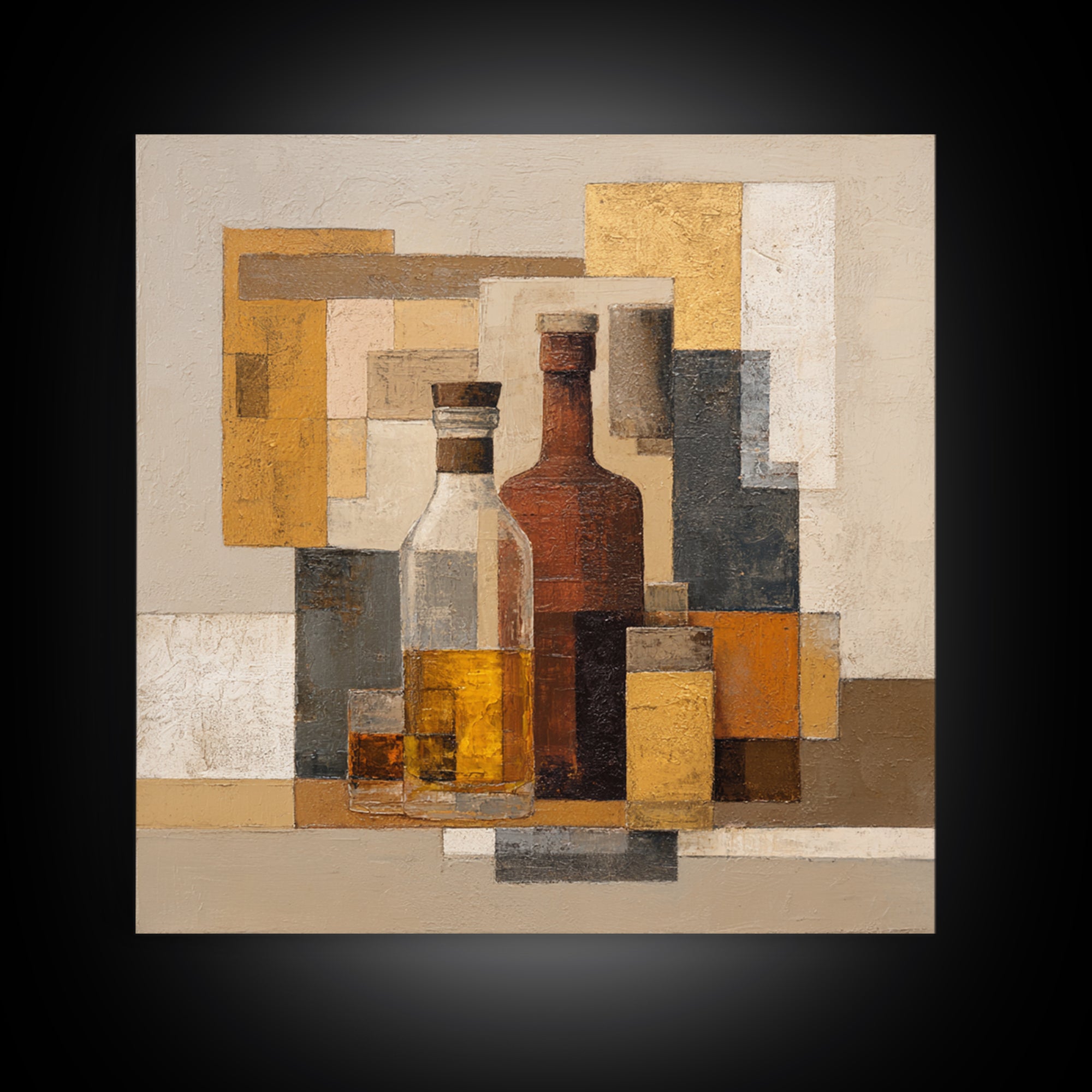 Brown Leather and Whiskey Still Life Framed Canvas Print, Monochrome Art, Abstract Painting, Living Room Decor, Fine Art, Mono, MON-1x1-71
