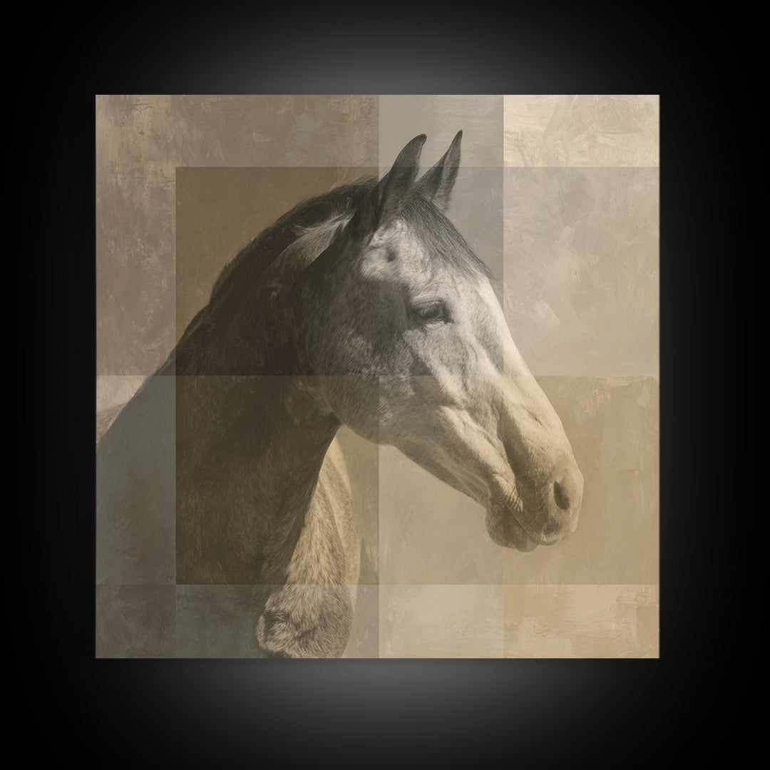 Sepia Horse Portrait Framed Canvas Print, Monochrome Art, Minimalist Wall Art, Living Room Decor, Oil Painting, Mono, MON-1x1-74