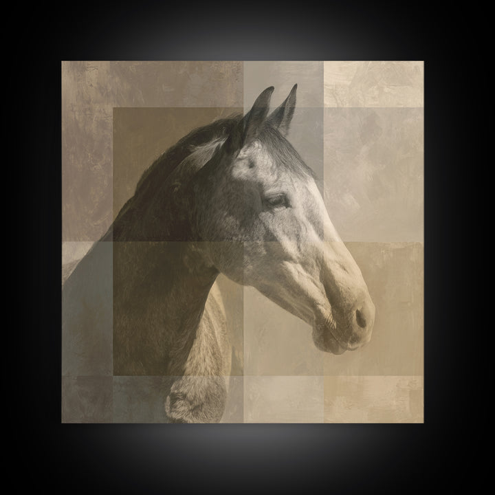 Sepia Horse Portrait Framed Canvas Print, Monochrome Art, Minimalist Wall Art, Living Room Decor, Oil Painting, Mono, MON-1x1-74