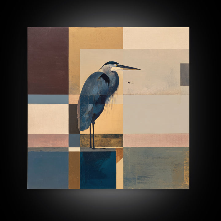 Blue Heron in Monochrome Navy Palette Framed Canvas Print, Monochrome Art, Mid Century Modern, Living Room Decor, Mono, MON-1x1-8