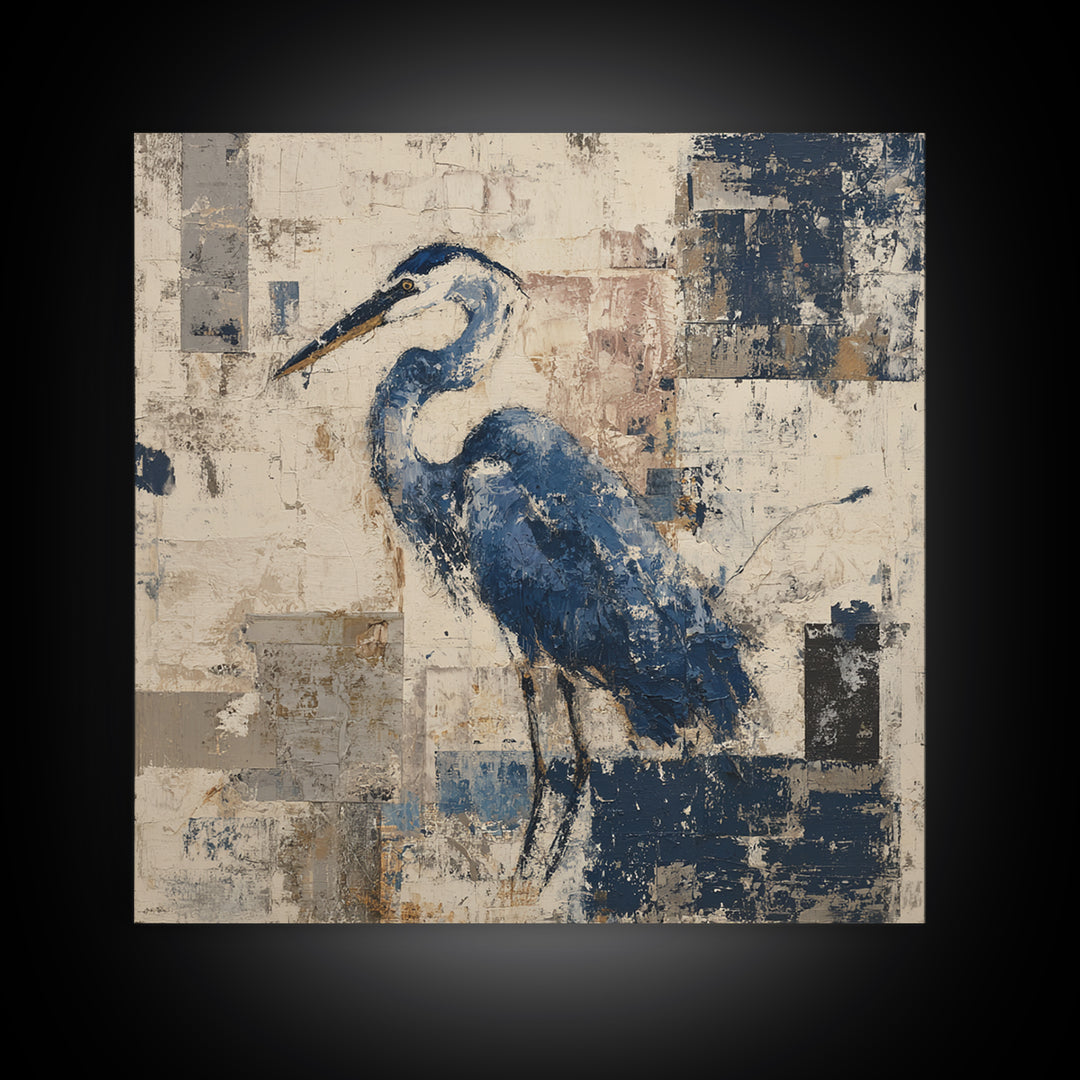 Blue Heron in Monochrome Navy Palette Framed Canvas Print, Monochrome Art, Neutral Decor, Living Room Decor, Fine Art, Mono, MON-1x1-80