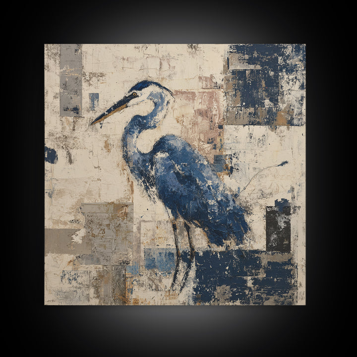 Blue Heron in Monochrome Navy Palette Framed Canvas Print, Monochrome Art, Neutral Decor, Living Room Decor, Fine Art, Mono, MON-1x1-80