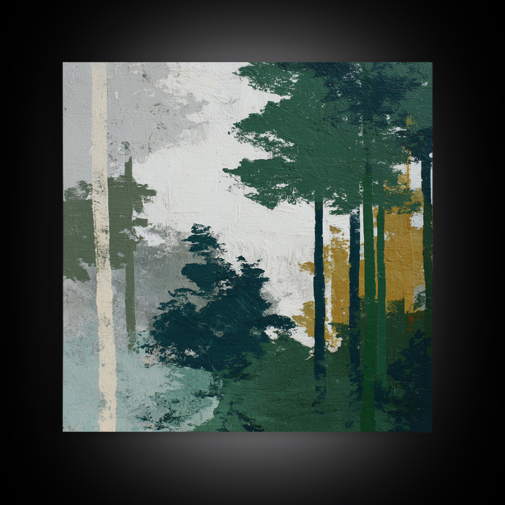 Deep Green Forest Silhouette Study Canvas Print, Monochrome Art, Statement Artwork, Living Room Decor, Oil Painting, Mono, MON-1x1-85