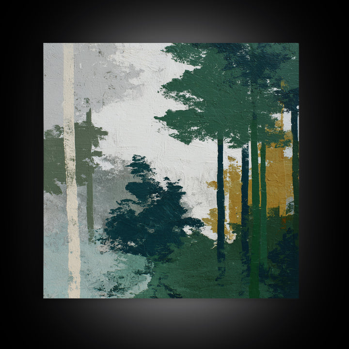Deep Green Forest Silhouette Study Canvas Print, Monochrome Art, Statement Artwork, Living Room Decor, Oil Painting, Mono, MON-1x1-85