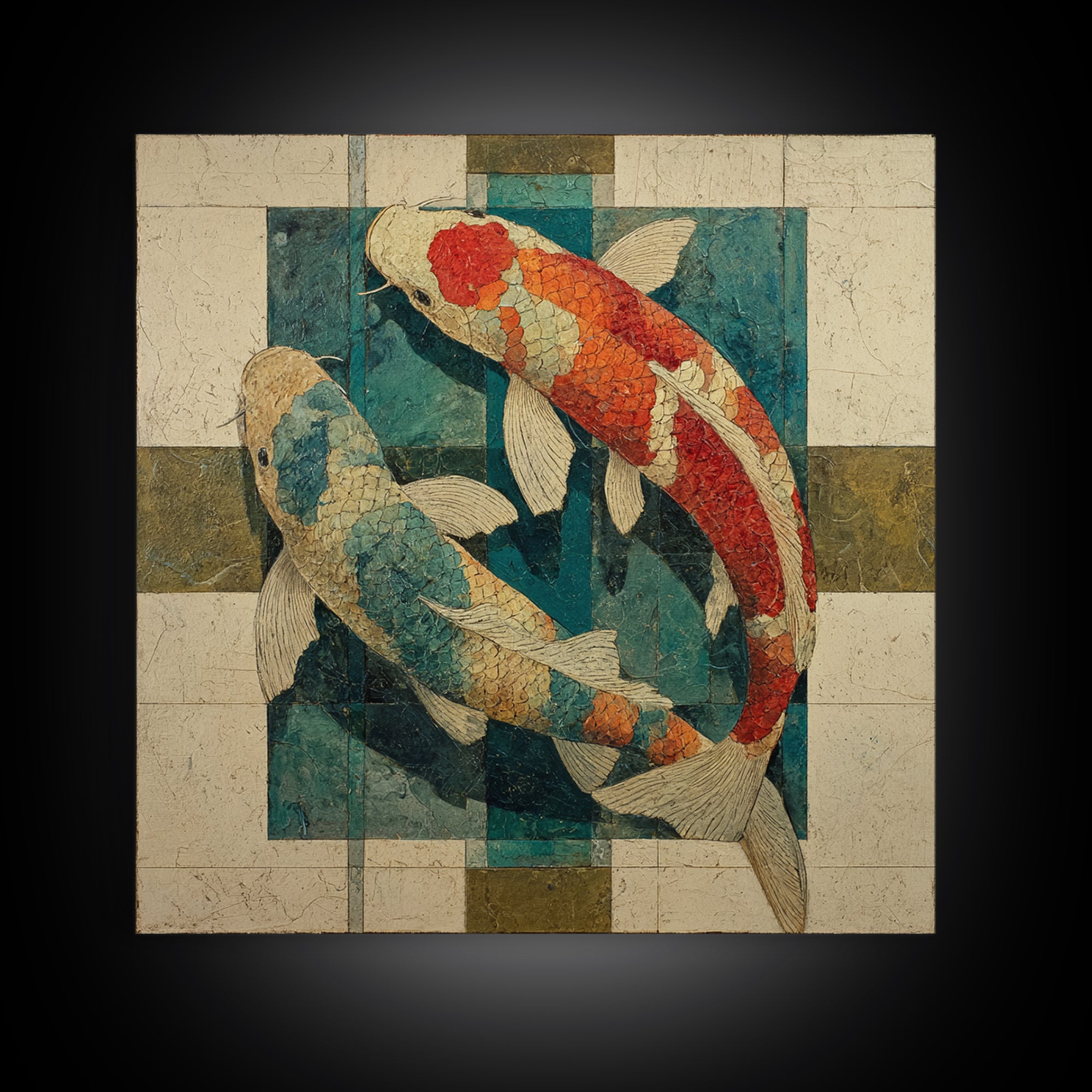 Teal Koi Fish on Tonal Water Canvas Print, Monochrome Art, Boho Decor, Living Room Decor, Fine Art, Mono, Digital Art, MON-1x1-89