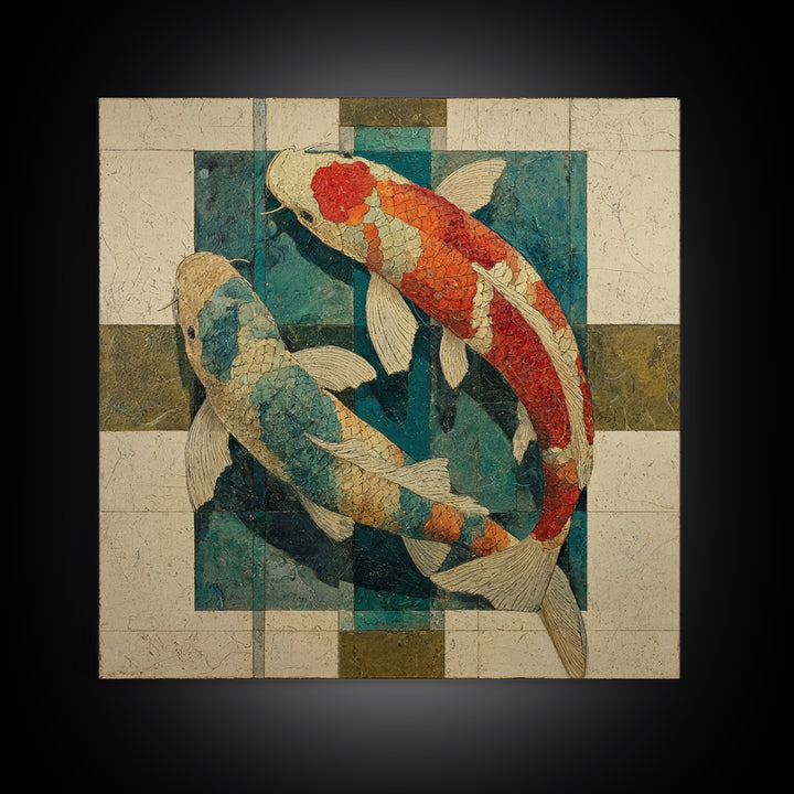 Teal Koi Fish on Tonal Water Canvas Print, Monochrome Art, Boho Decor, Living Room Decor, Fine Art, Mono, Digital Art, MON-1x1-89