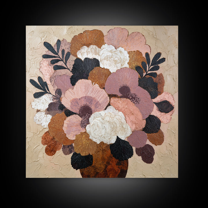 Monochrome Floral Bouquet Canvas Print, Monochrome Art, Modern Art, Living Room Decor, Oil Painting, Mono, Textured Painting, MON-1x1-90