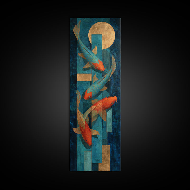 Teal Koi Fish on Tonal Water Framed Canvas Print, Monochrome Art, Neutral Decor, Living Room Decor, Fine Art, Mono, Home Decor, MON-1x3-53