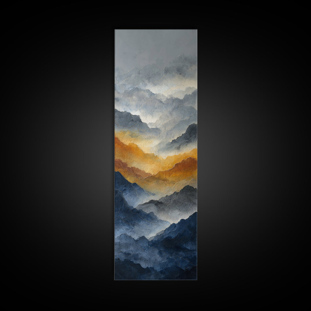 Charcoal Mountain Landscape Framed Canvas Print, Monochrome Art, Digital Wall Art, Living Room Decor, Fine Art, Mono, MON-1x3-64