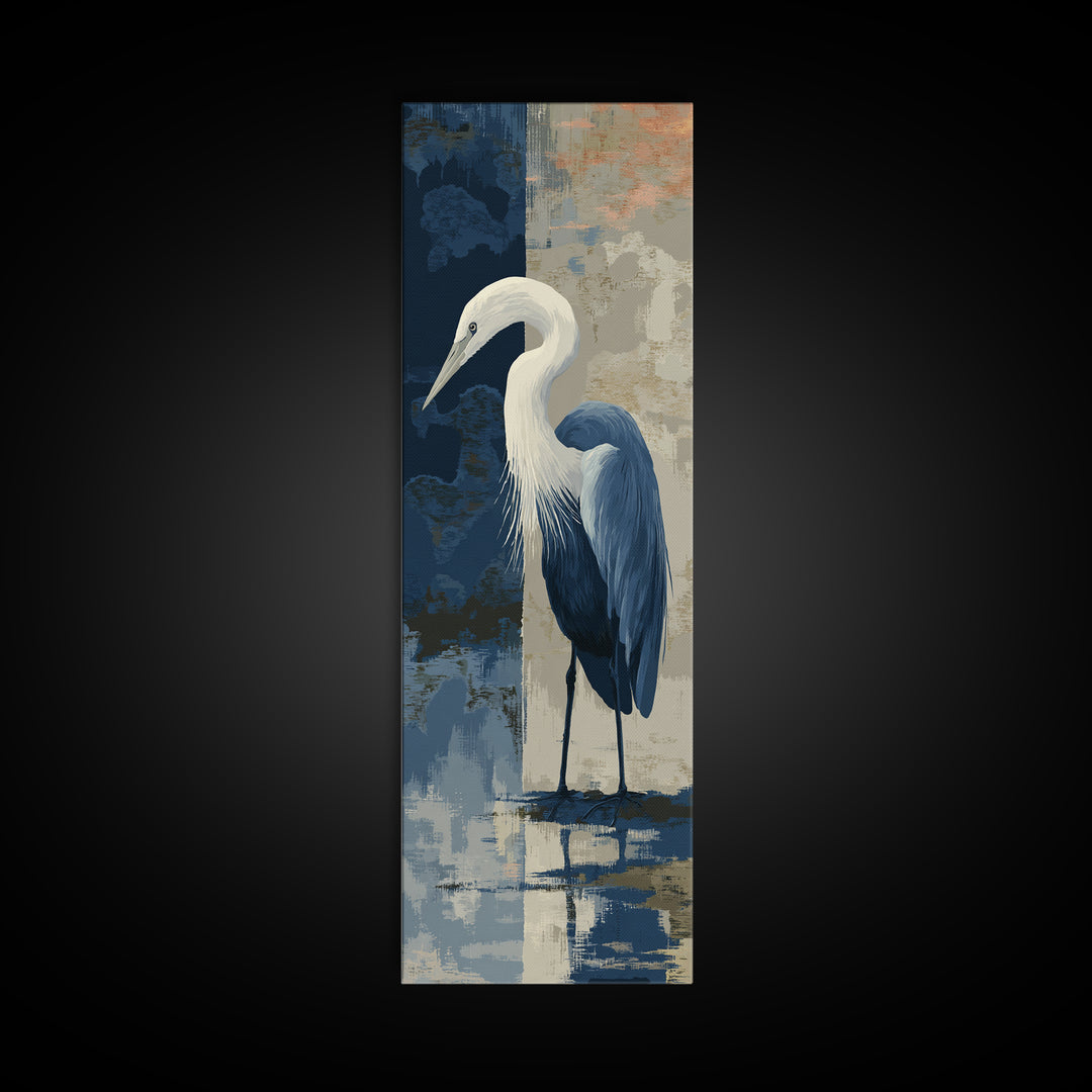 Blue Heron in Monochrome Navy Palette Framed Canvas Print, Monochrome Art, Apartment Decor, Living Room Decor, Fine Art, Mono, MON-1x3-92
