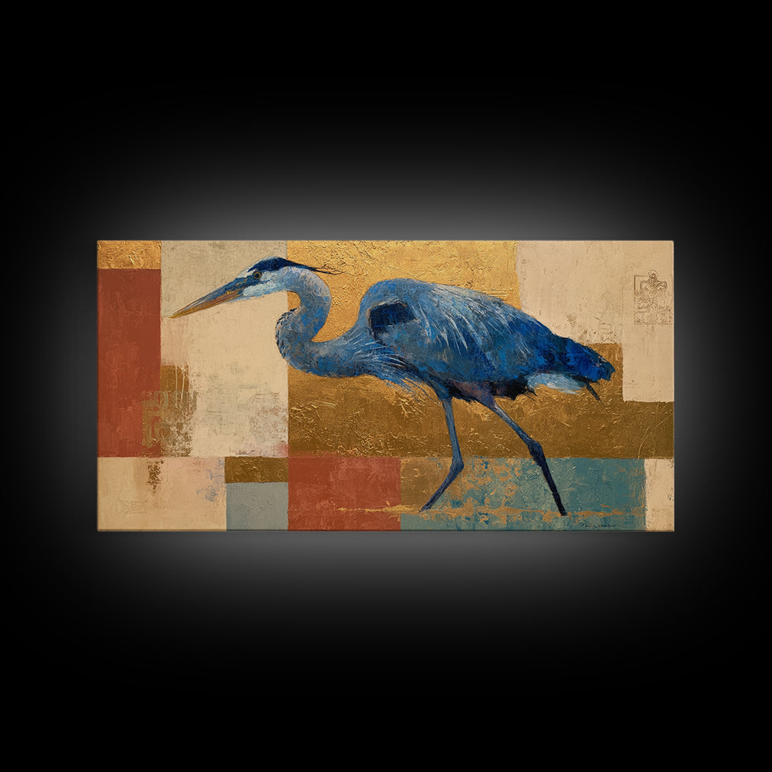 Blue Heron in Monochrome Navy Palette Framed Canvas Print, Monochrome Art, Dopamine Decor, Living Room Decor, Fine Art, Mono, MON-2x1-100