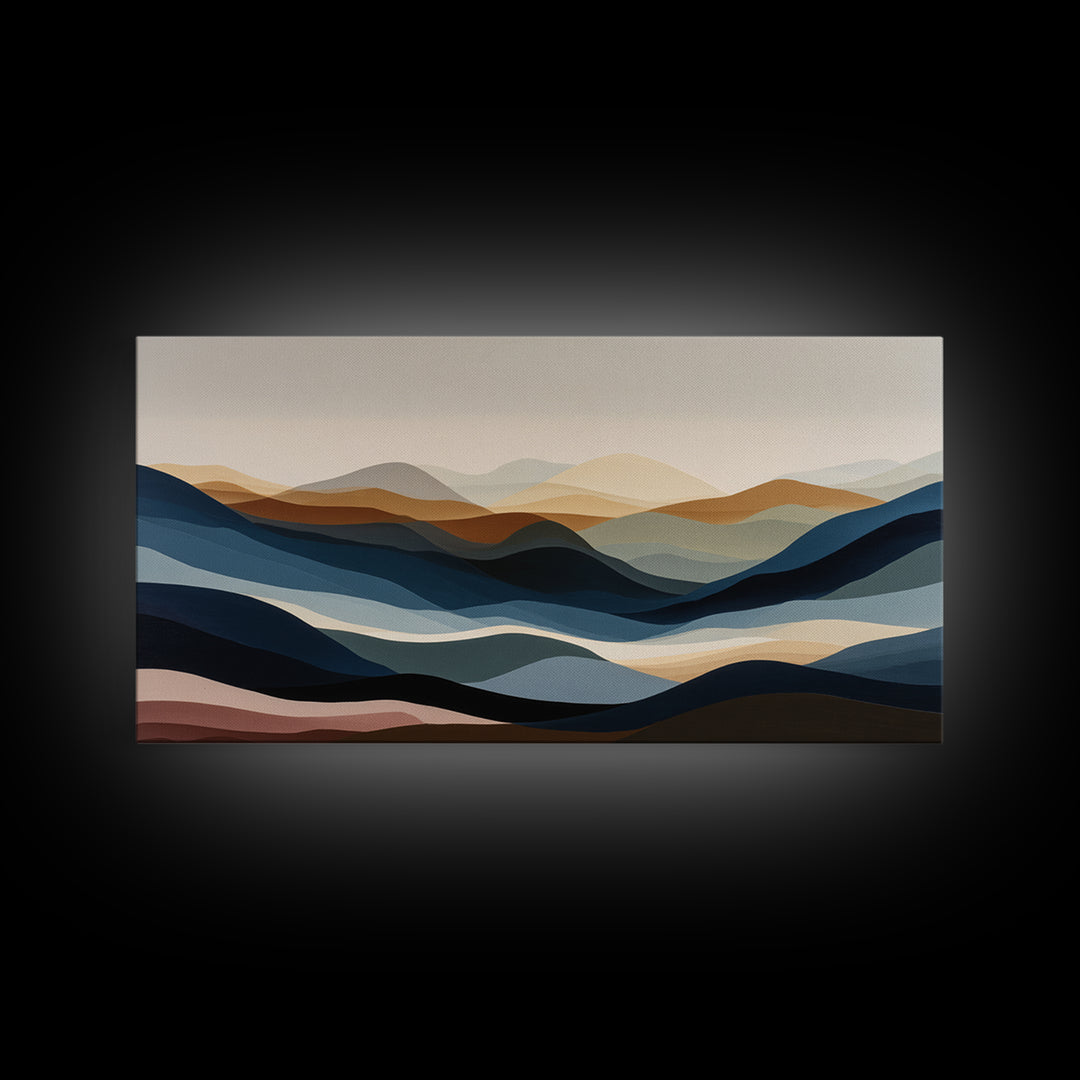 Blue Mountain Ridge Layers Framed Canvas Print, Monochrome Art, Fine Art Print, Living Room Decor, Watercolor Art, Mono, MON-2x1-20