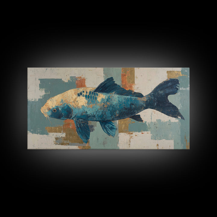 Teal Koi Fish on Tonal Water Framed Canvas Print, Monochrome Art, Minimalist Decor, Living Room Decor, Fine Art, Mono, MON-2x1-37