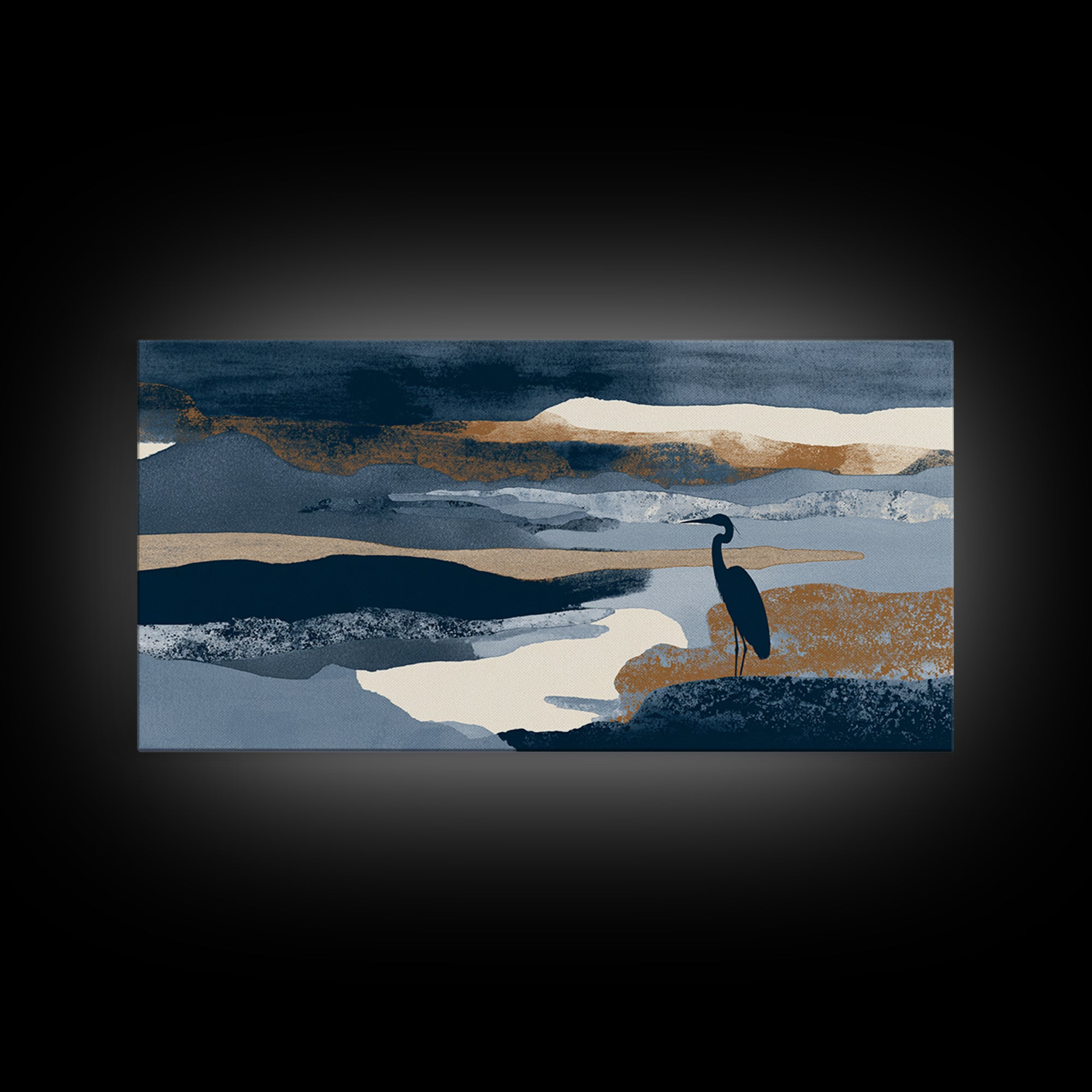 Blue Heron in Monochrome Navy Palette Canvas Print, Monochrome Art, Boho Decor, Living Room Decor, Fine Art, Mono, Art Print, MON-2x1-4