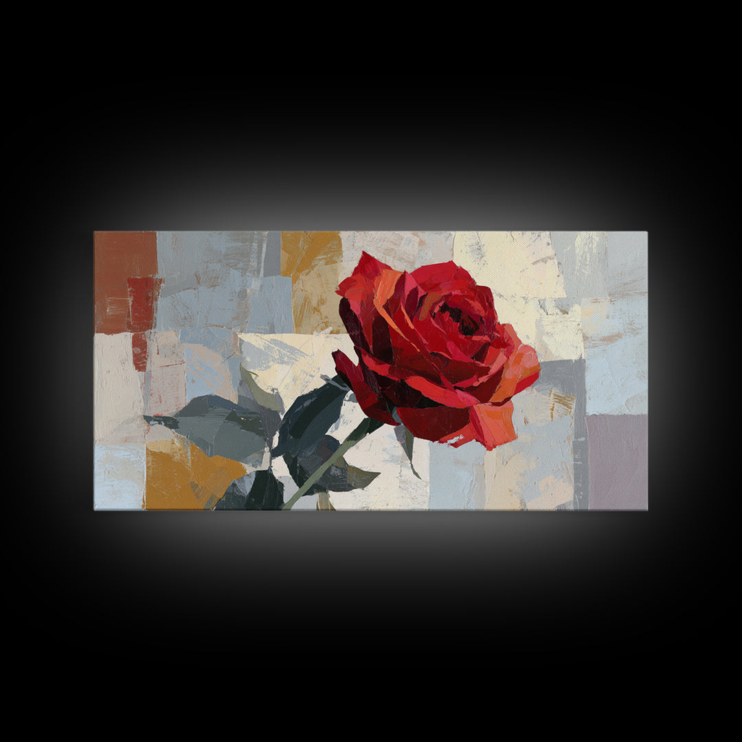 Single Red Rose Rendered Only Framed Canvas Print, Monochrome Art, Abstract Art, Living Room Decor, Watercolor Art, Mono, MON-2x1-51