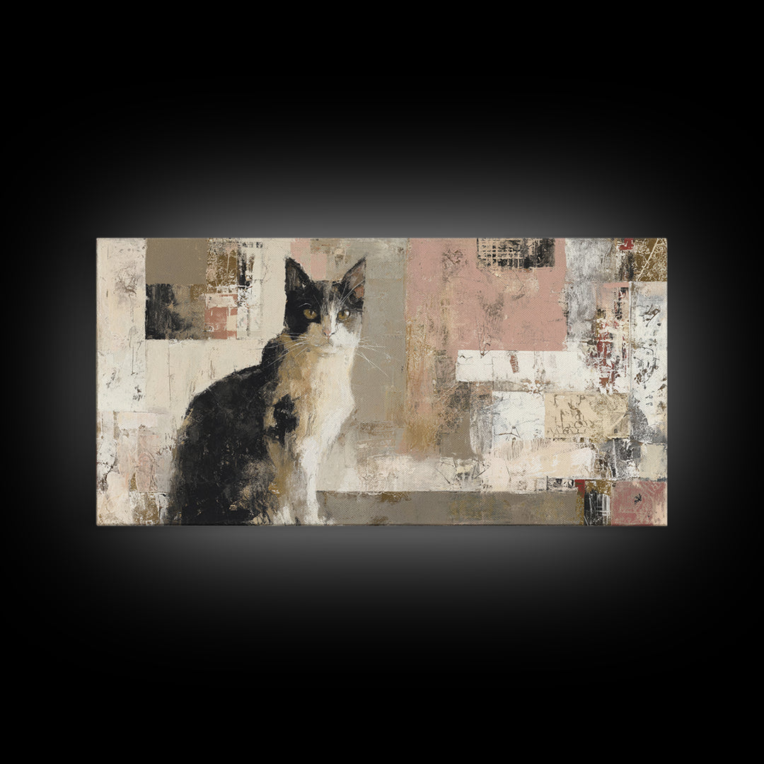 Monochrome Cat Portrait Framed Canvas Print, Monochrome Art, Bedroom Decor, Living Room Decor, Mono, Abstract Painting, MON-2x1-55