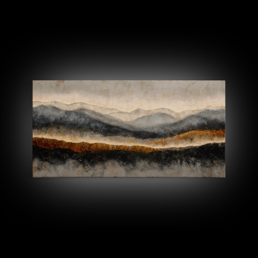 Charcoal Mountain Landscape Framed Canvas Print, Monochrome Art, Original Painting, Living Room Decor, Fine Art, Mono, MON-2x1-72